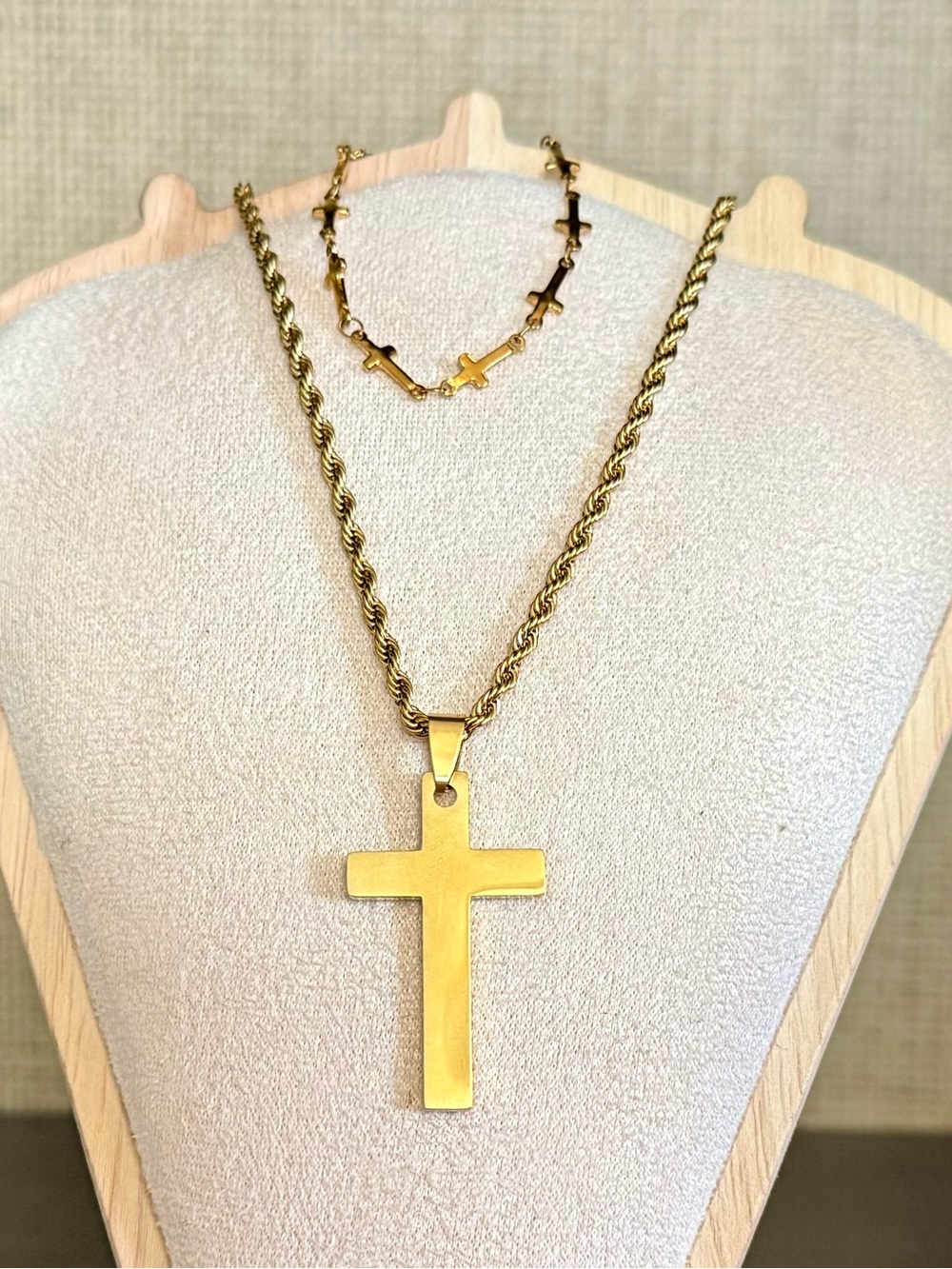 18” Gold Filled Large Cross Rope Chain with Matching Minimalist Cross Bracelet